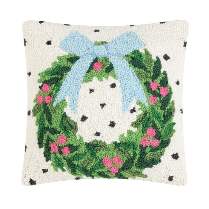 Holiday Wreath Hooked Pillow – 14" x 14"