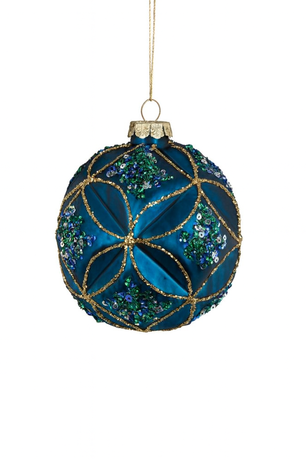 4" Grooved Petals Glass Ornament – Dark Turquoise, Gold & Royal Blue