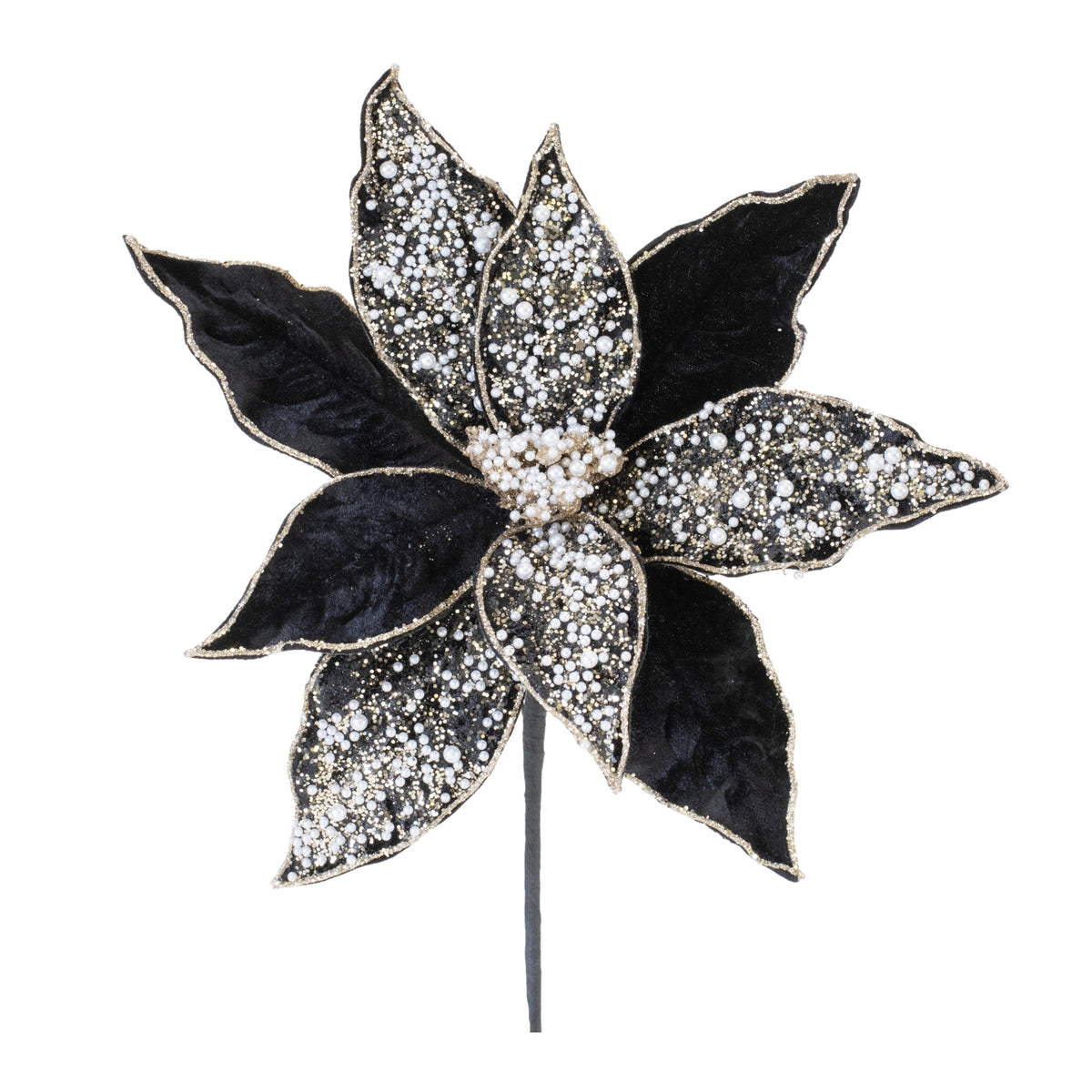 Black Tie Beaded Velvet Poinsettia Stem – 22"