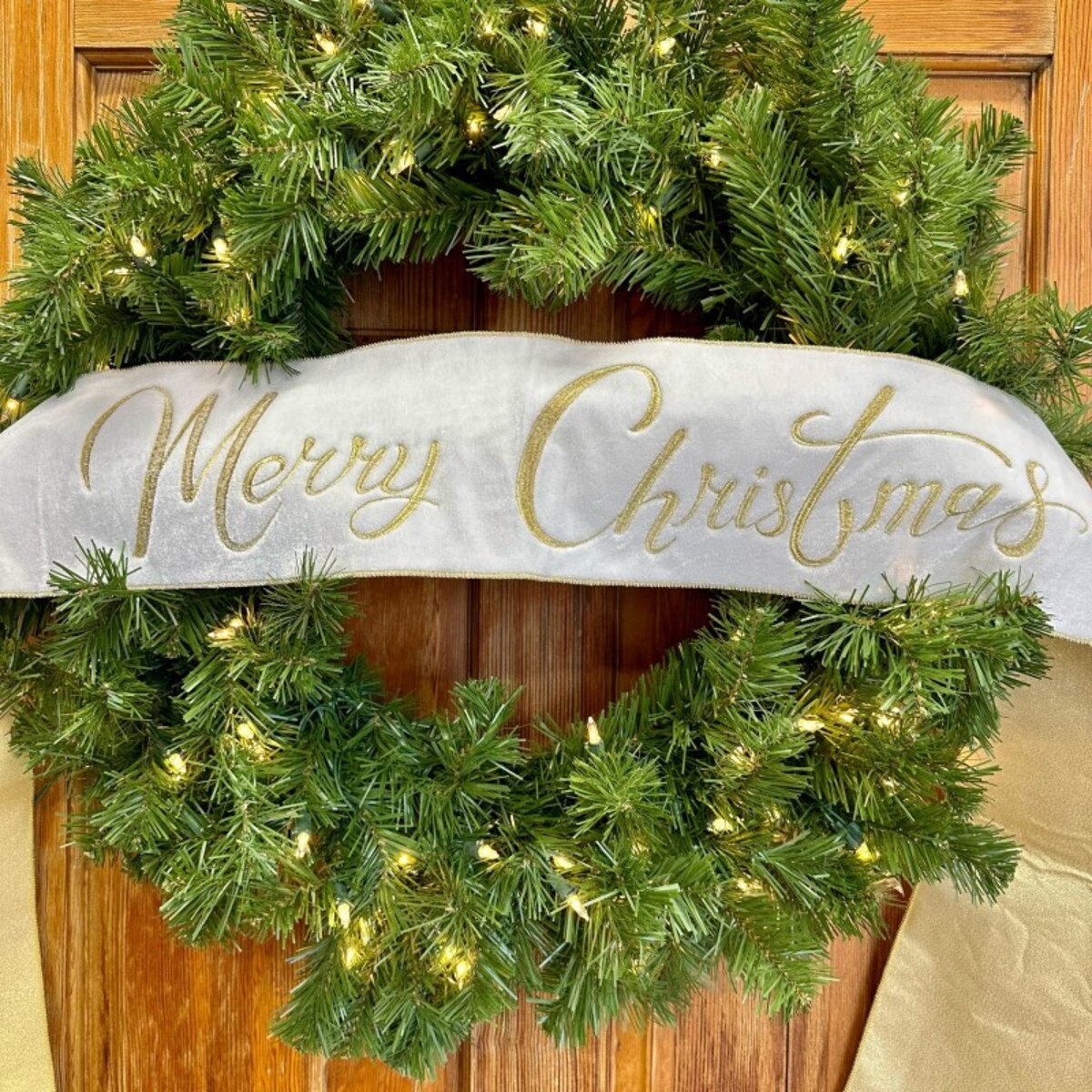 6" x 70" Velvet Merry Christmas Wired Banner – Winter White & Gold