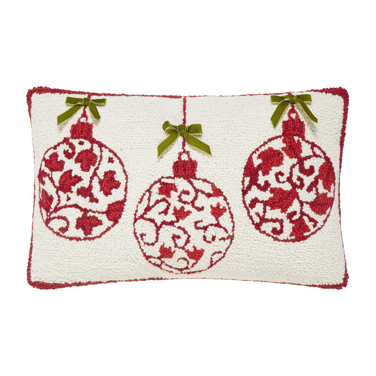 Red Ornaments with Velvet Bows Hook Pillow – 12" x 20"