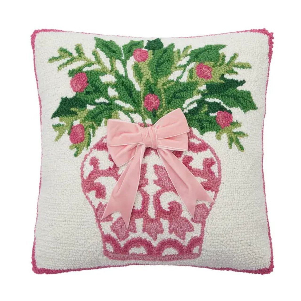 Chinoiserie Floral Hooked Pillow with Pink Velvet Bow – 16" x 16"