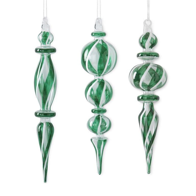 Green & White Glass Finial Ornaments – Sold Separately