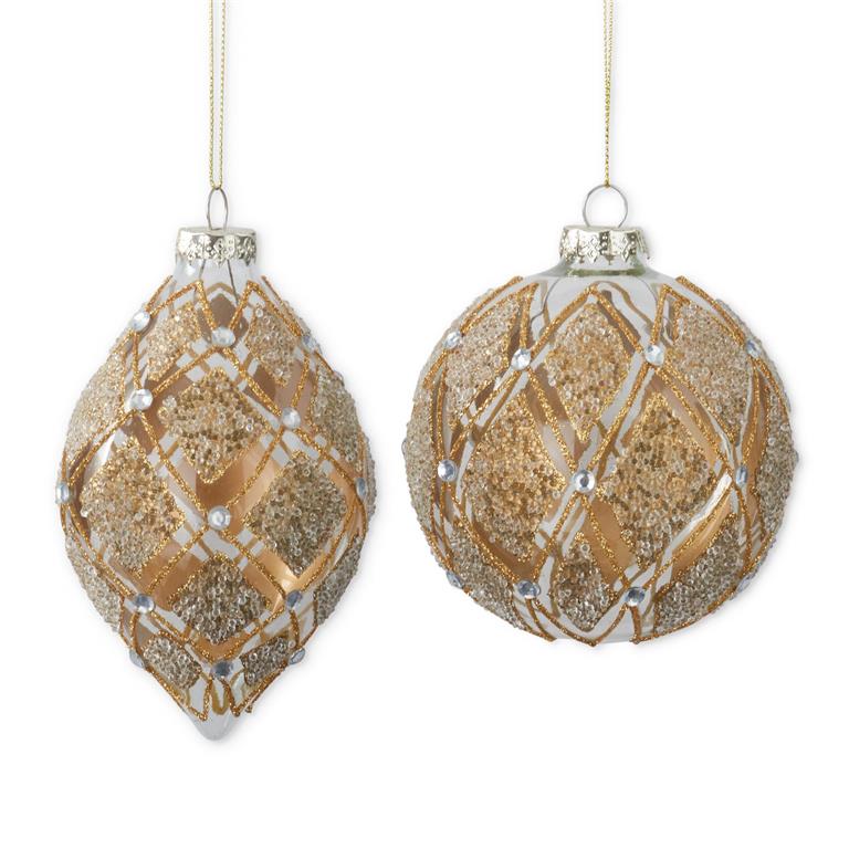 Gold Beaded & Pearl Glass Ornaments – Sold Separately
