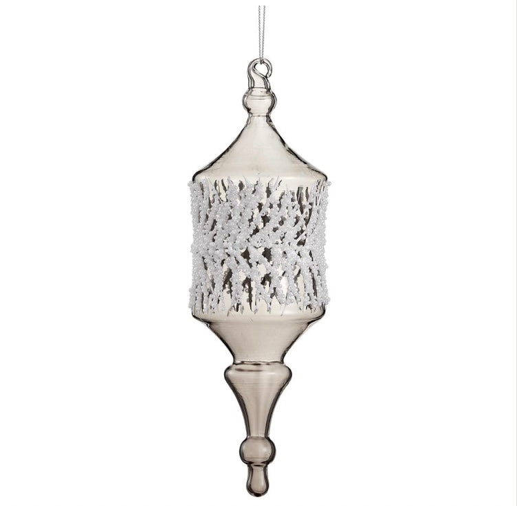 10” Snowed Pine Glass Finial Ornament – Smoke White
