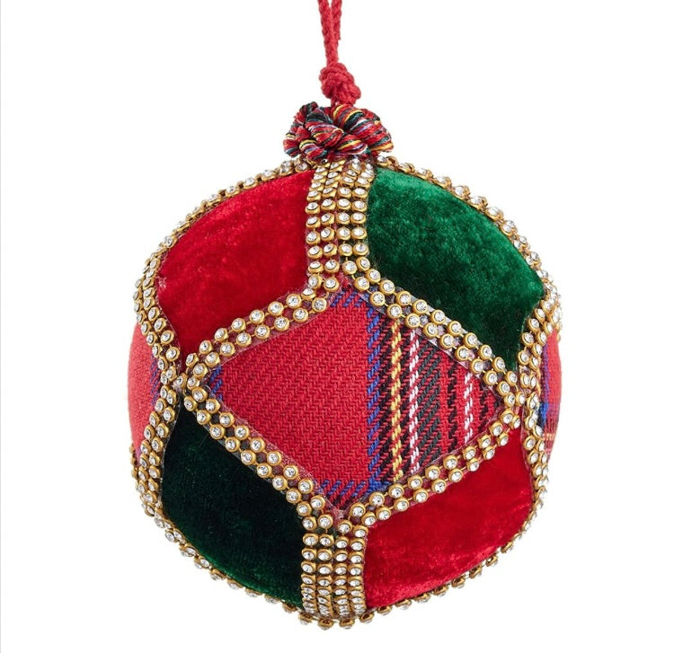 4” Diamond Plaid/Velvet Ball Ornament – Red Green