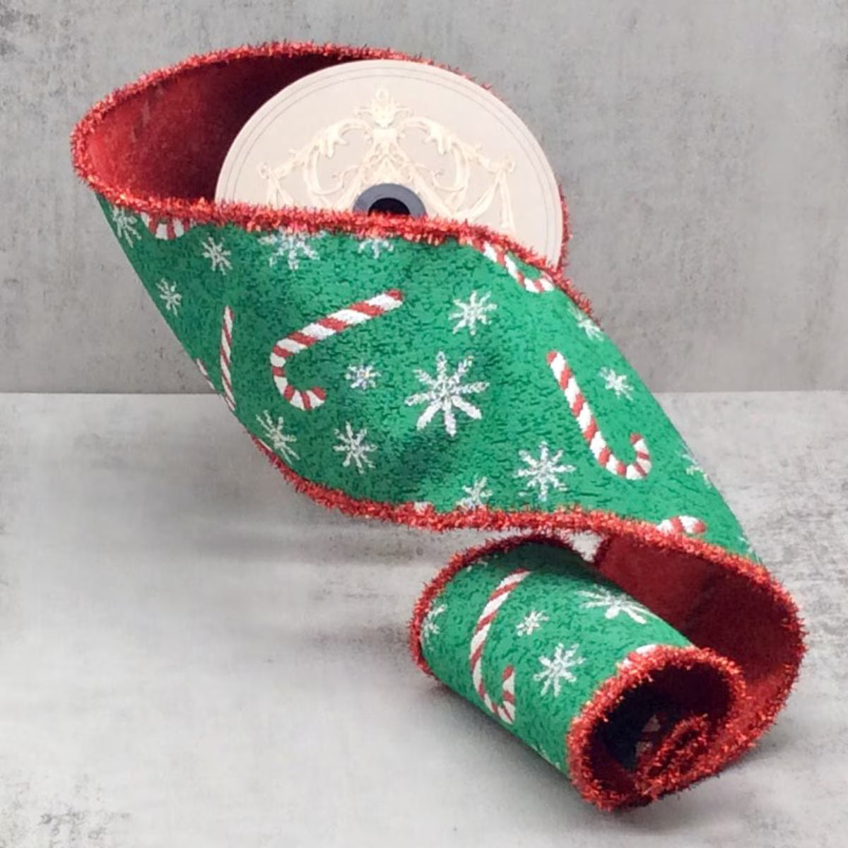 D. Stevens 4" x 10yds Jacquard Candy Canes Tinsel Edge – Red Green
