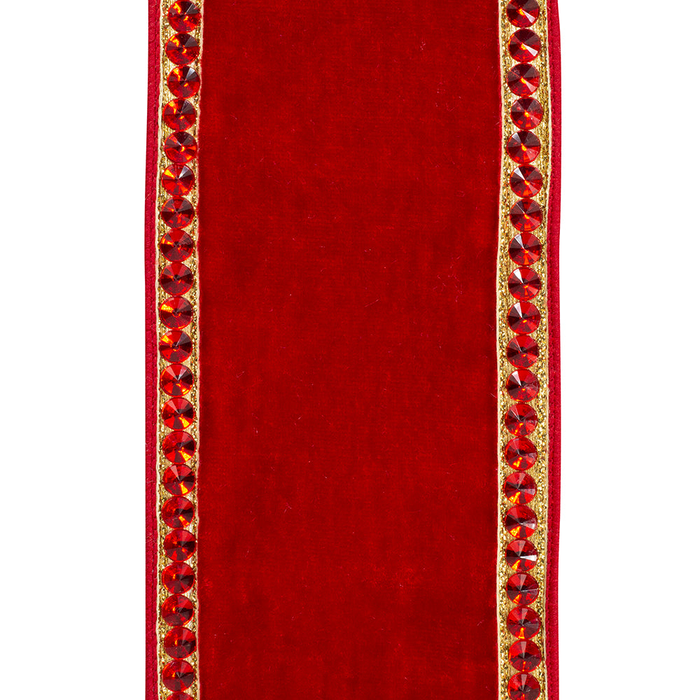 4" x 5 Yds Red Velvet Rhinestone Edge Wired Ribbon