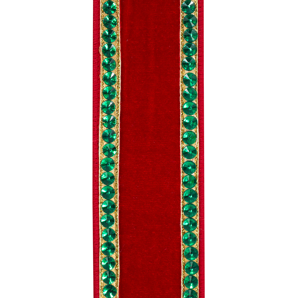 2.5" x 5 Yds Red Velvet & Emerald Rhinestone Wired Ribbon