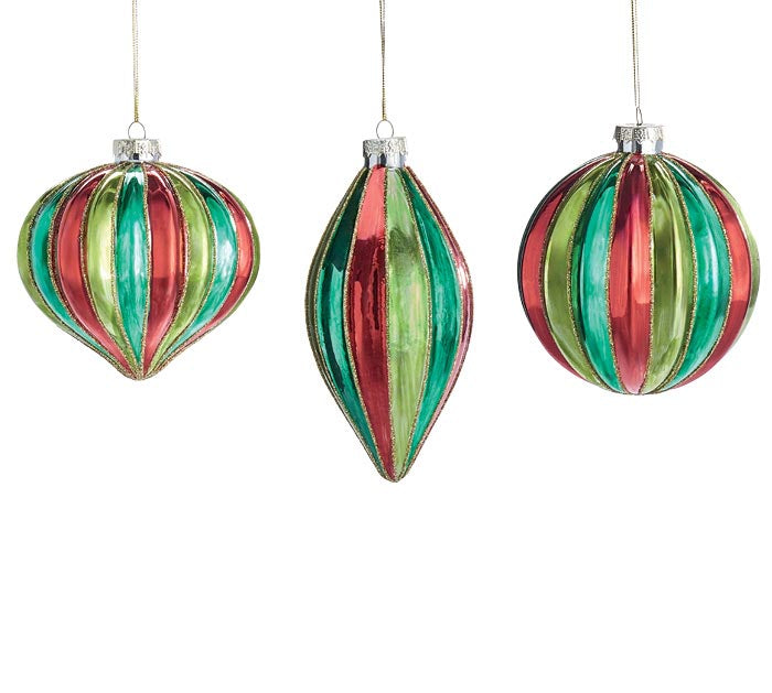 Red, Green & Gold Striped Glass Ornaments – Sold Separately
