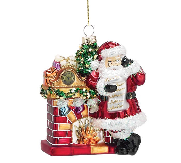 Santa by the Fireplace Glass Ornament