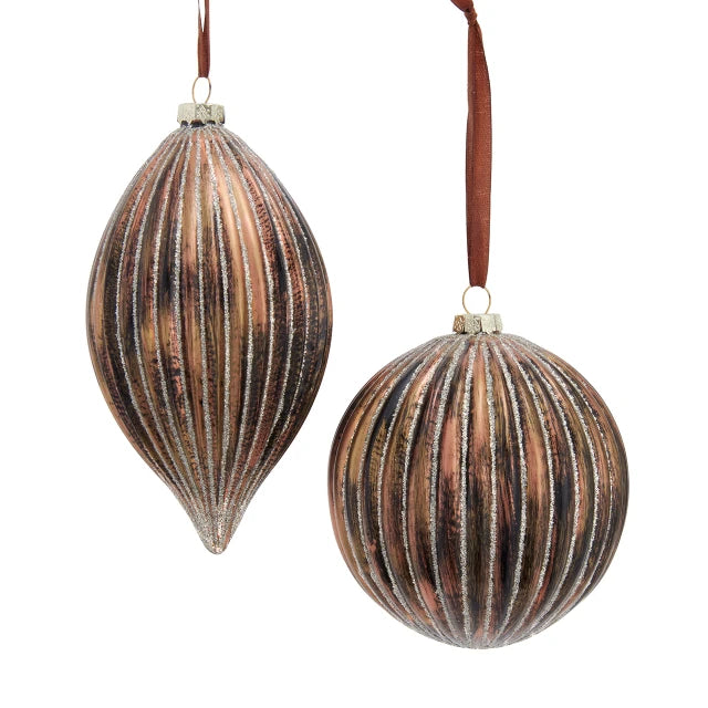 4" Gilded Brown Glass Ball & Finial Ornaments