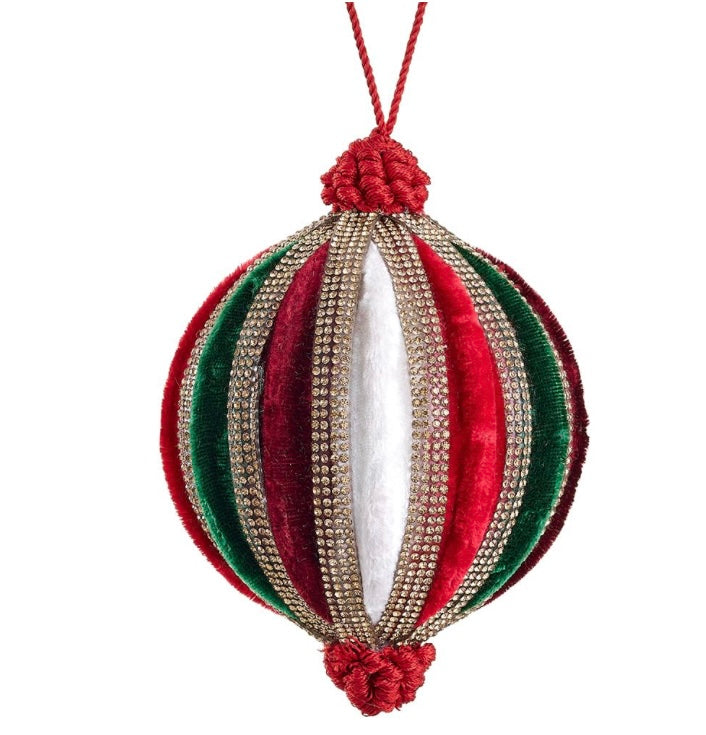 4” Velvet Diamond Ball Ornament – Red, Green & White