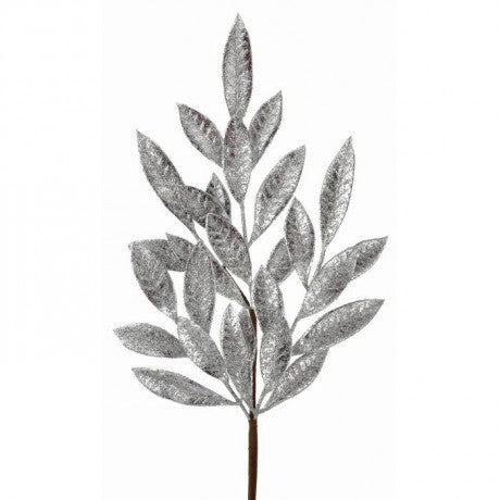 24" Glittered Antique Bay Leaf Spray – Silver