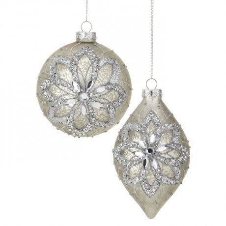 Silver Glittered Floral Ornaments – Sold Separately