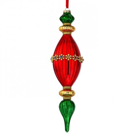 Red & Green Jeweled Glass Finial Ornament – 13.5"