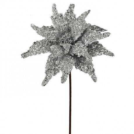 Silver Glitter Poinsettia Stem – 22"