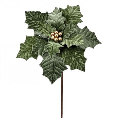 Velvet Holly Leaf Pick with Gold Berries – 20"