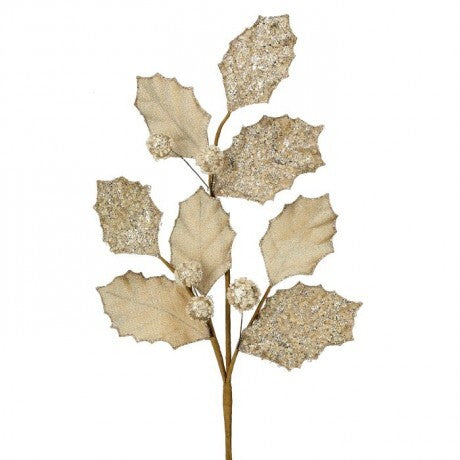 Champagne Glittered Holly Spray – 27"