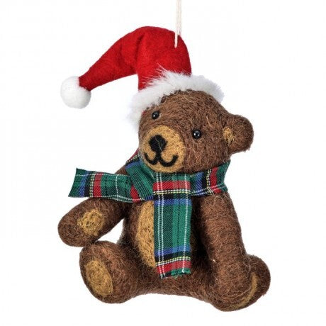 Plaid Scarf Teddy Bear Ornament with Santa Hat – 5"