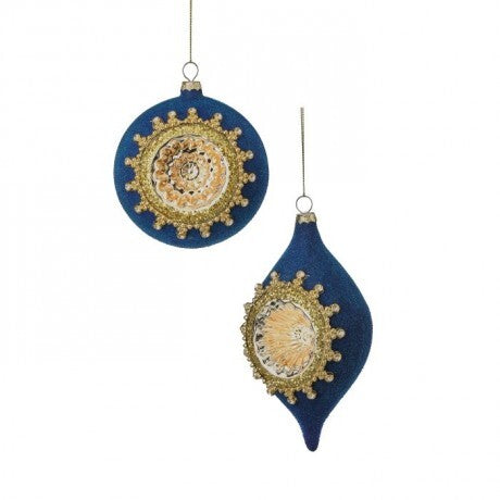Flocked Blue Glass Reflector Ornaments – 4" (Sold Separately)