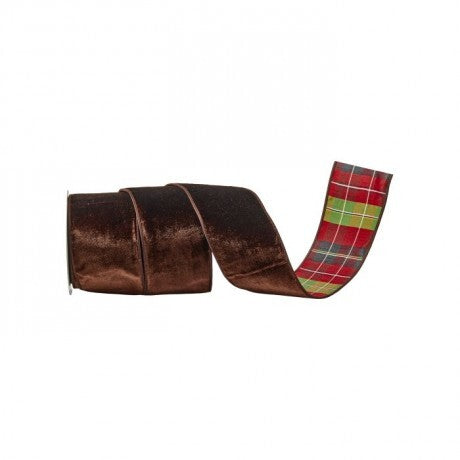 4" x 10 Yds Chocolate Velvet & Highlands Plaid Reversible Wired Ribbon