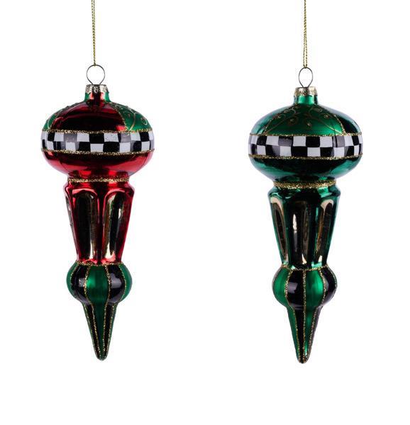 7.25" Checkered Finial Ornament – Red or Green