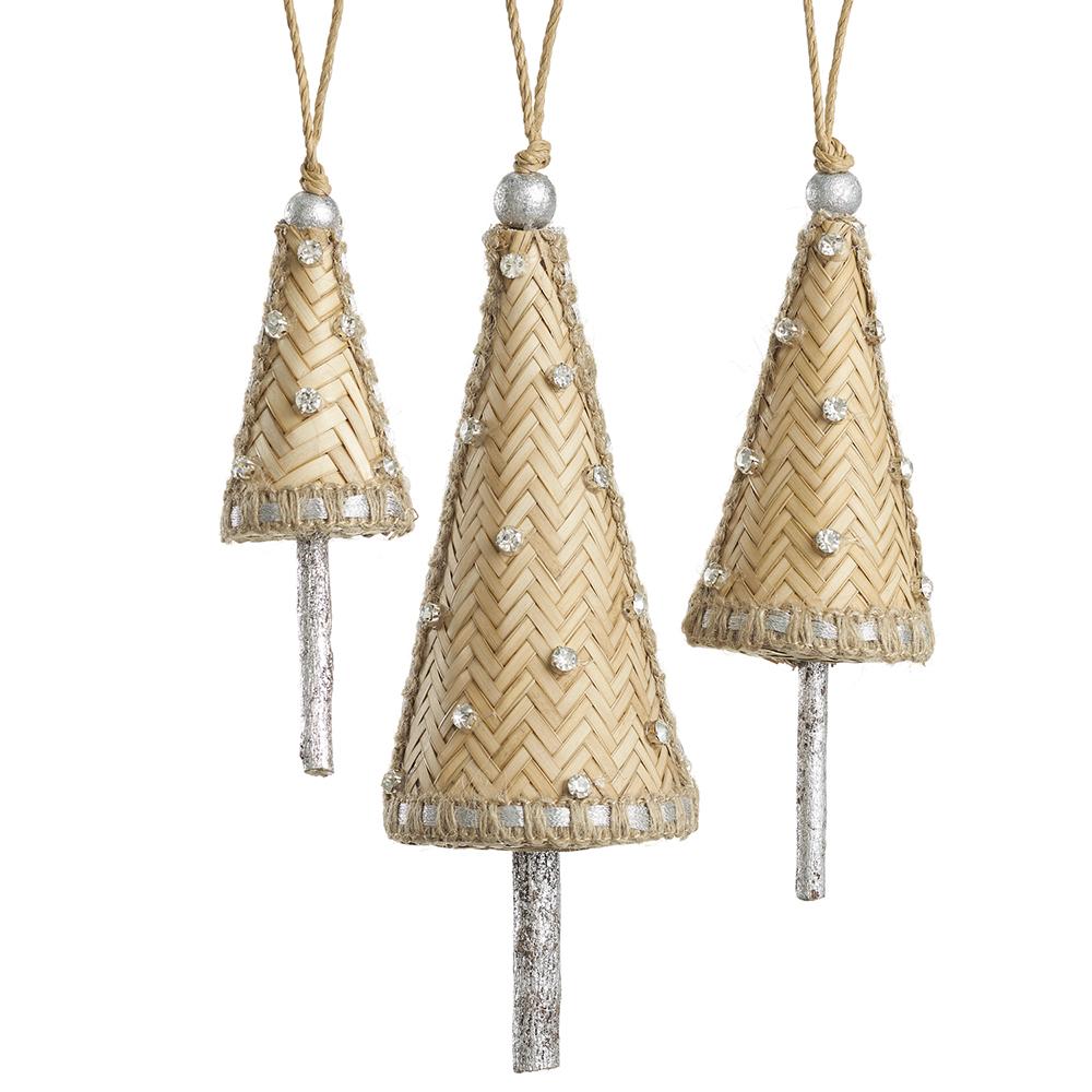 3.5"–6.5" Jeweled Woven Reed Tree Ornaments – Set of 3