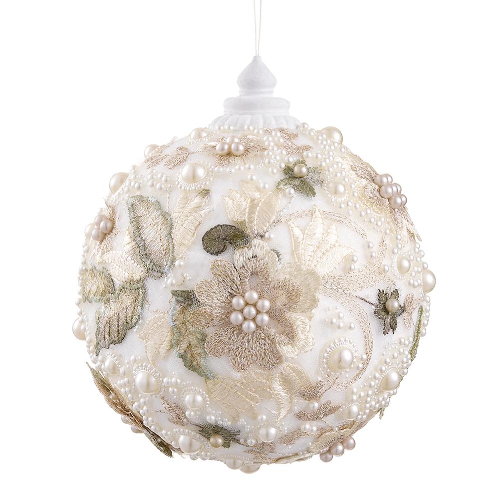 7" Pearl Embroidered Floral Ball Ornament