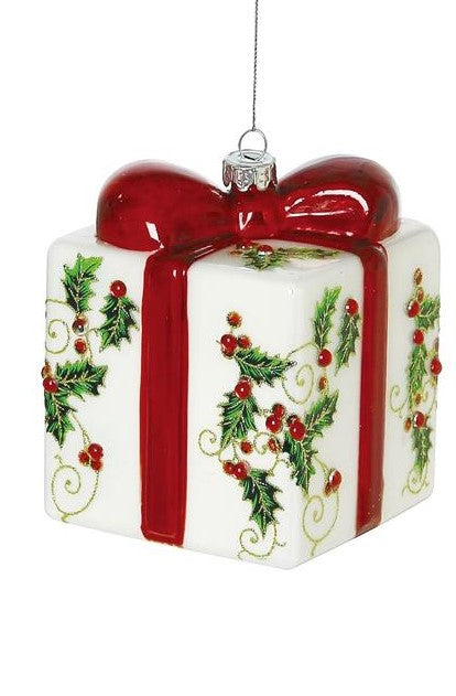 Glass Holly Gift Box Ornament