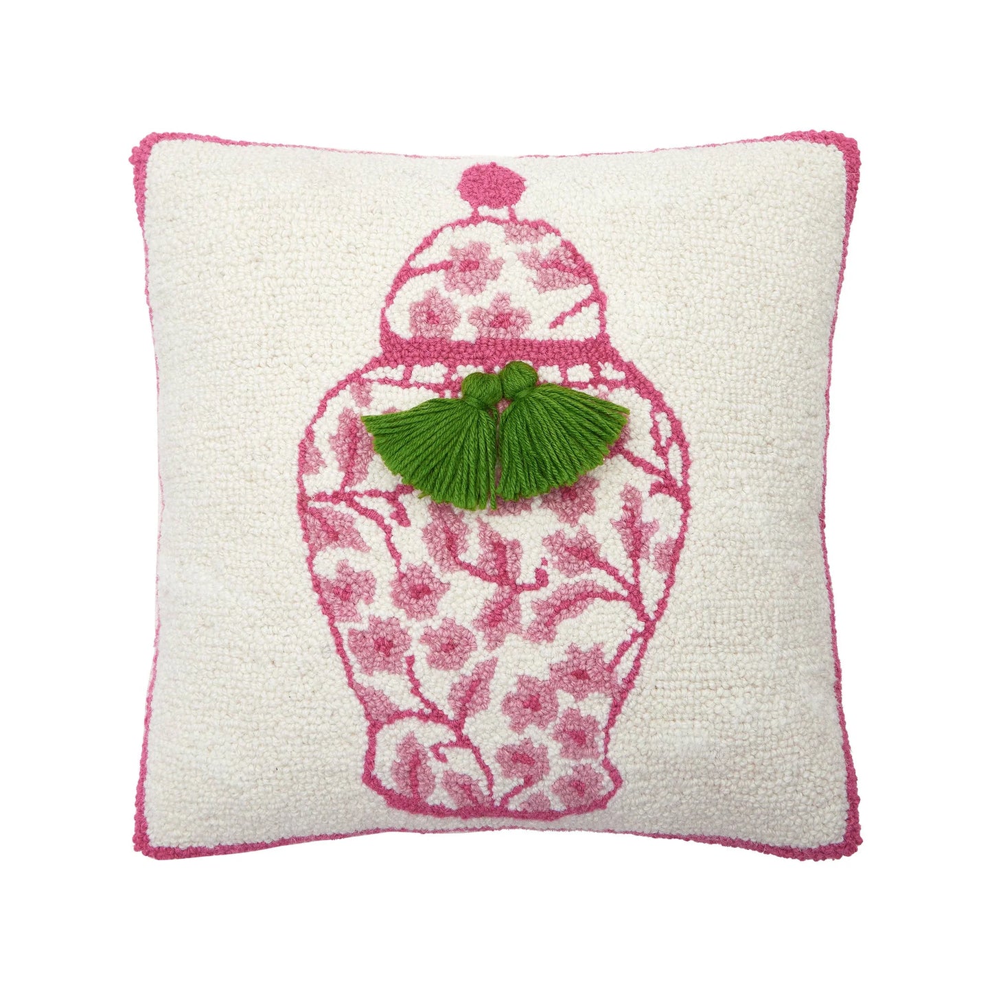 Pink Chinoiserie Vase Hooked Pillow with Tassel – 16" x 16"