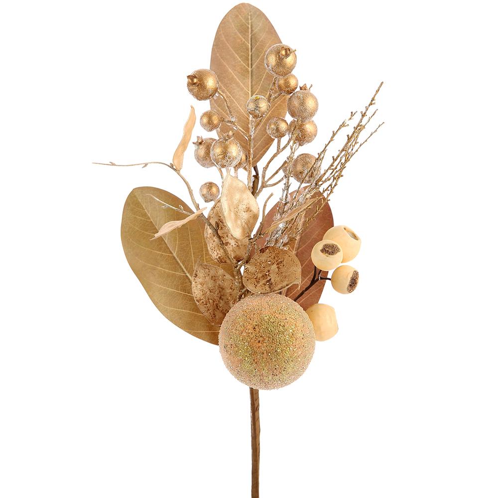 Gold Beaded Ball, Berry & Magnolia Leaf Pick – 18"