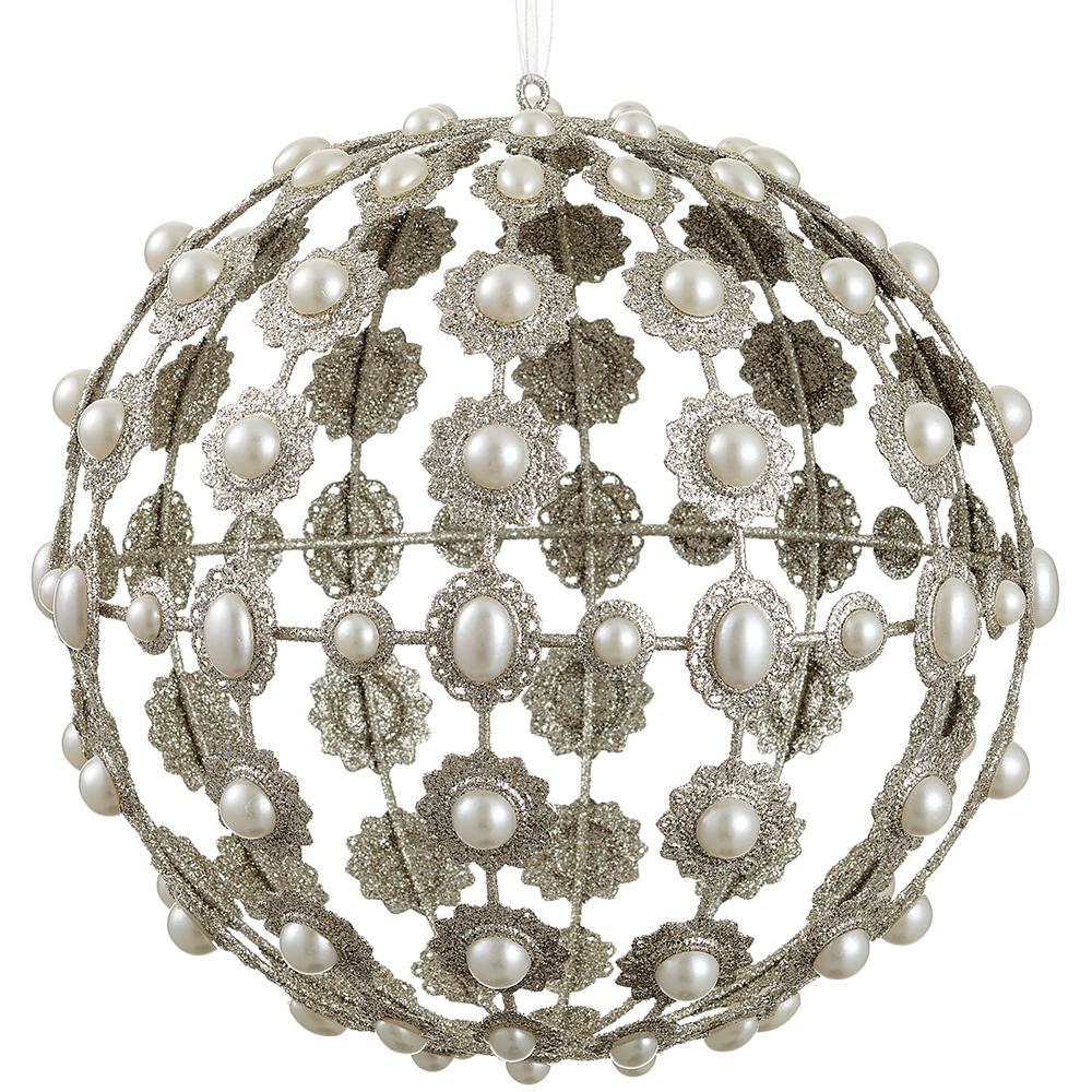 Glittered Pearl Filigree Ball Ornament – Champagne Pearl, 8.5"