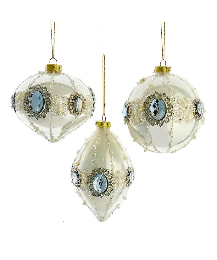 Kurt Adler 4" Ivory & Silver Jeweled Glass Ornament – Sold Separately