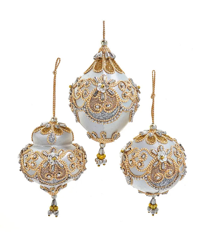 Beaded Taupe, Gold & Silver Ornaments – Ball, Dome & Finial (Sold Separately)