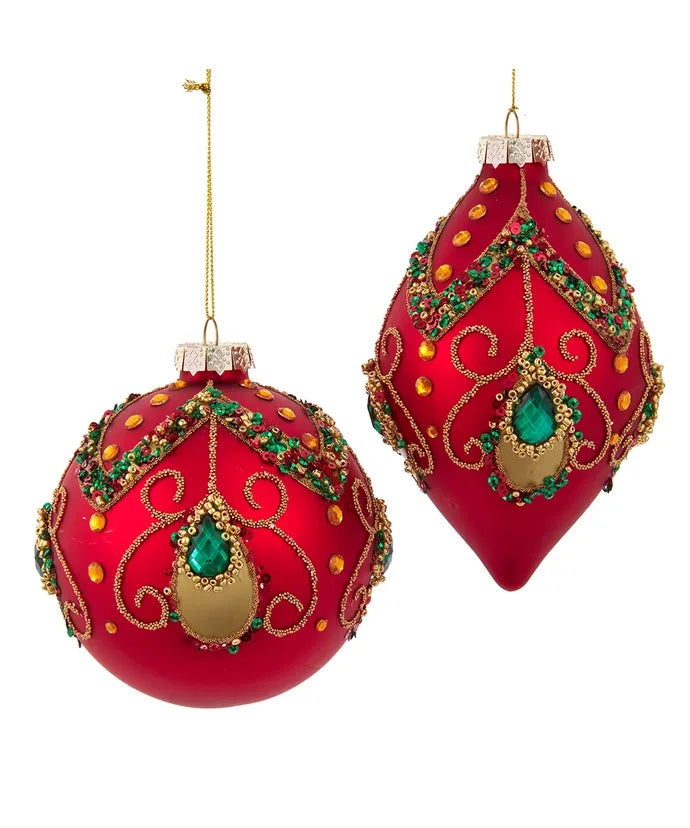 100MM Glass Red & Green Jewel Ornaments – Ball or Finial (Sold Separately)