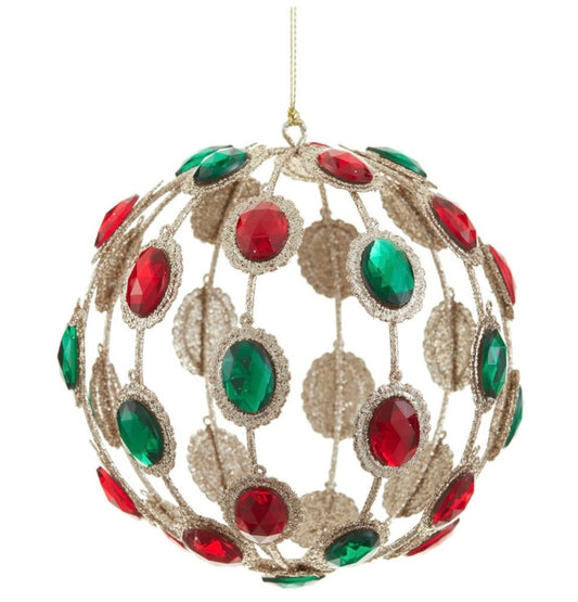 4.5” Glittered Rhinestone Filigree Ball Ornament – Red & Green