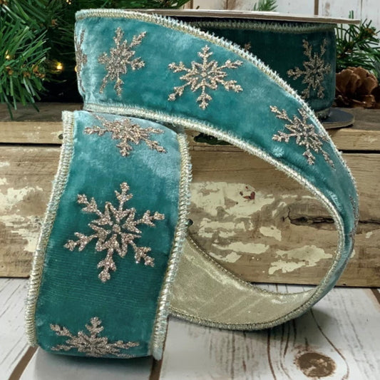 Moody Blue Velvet Ribbon with Glitter Snowflakes – 2” x 10 Yards