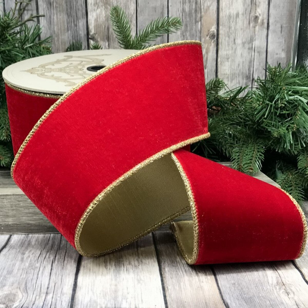 4" x 10 Yards Velvet Glitter Gold Trim Ribbon – Red