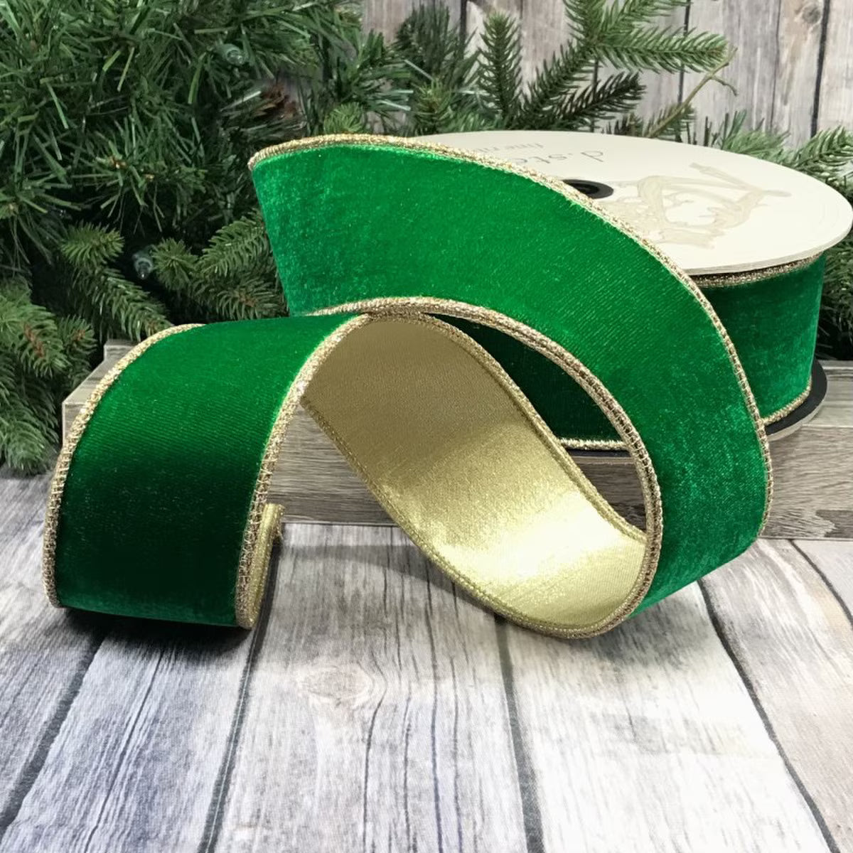 Emerald Velvet with Gold Backing Ribbon - 2.5” x 10 Yards