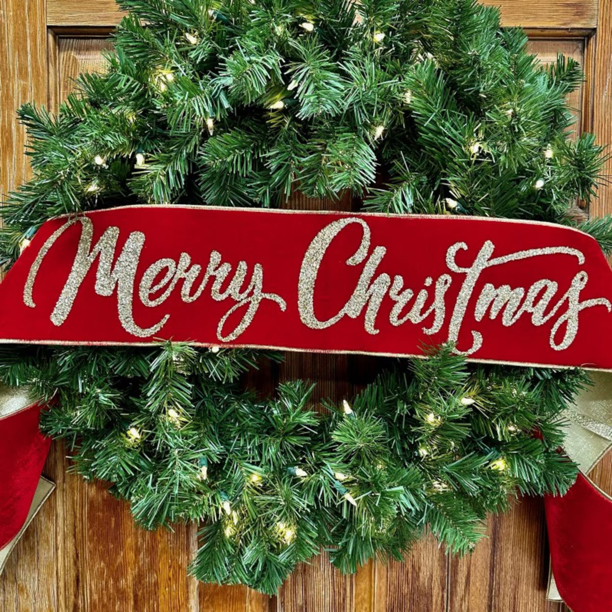 6" x 70" Red Velvet Merry Christmas Banner with Gold Glitter