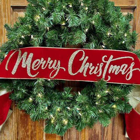6" x 70" Red Velvet Merry Christmas Banner with Gold Glitter