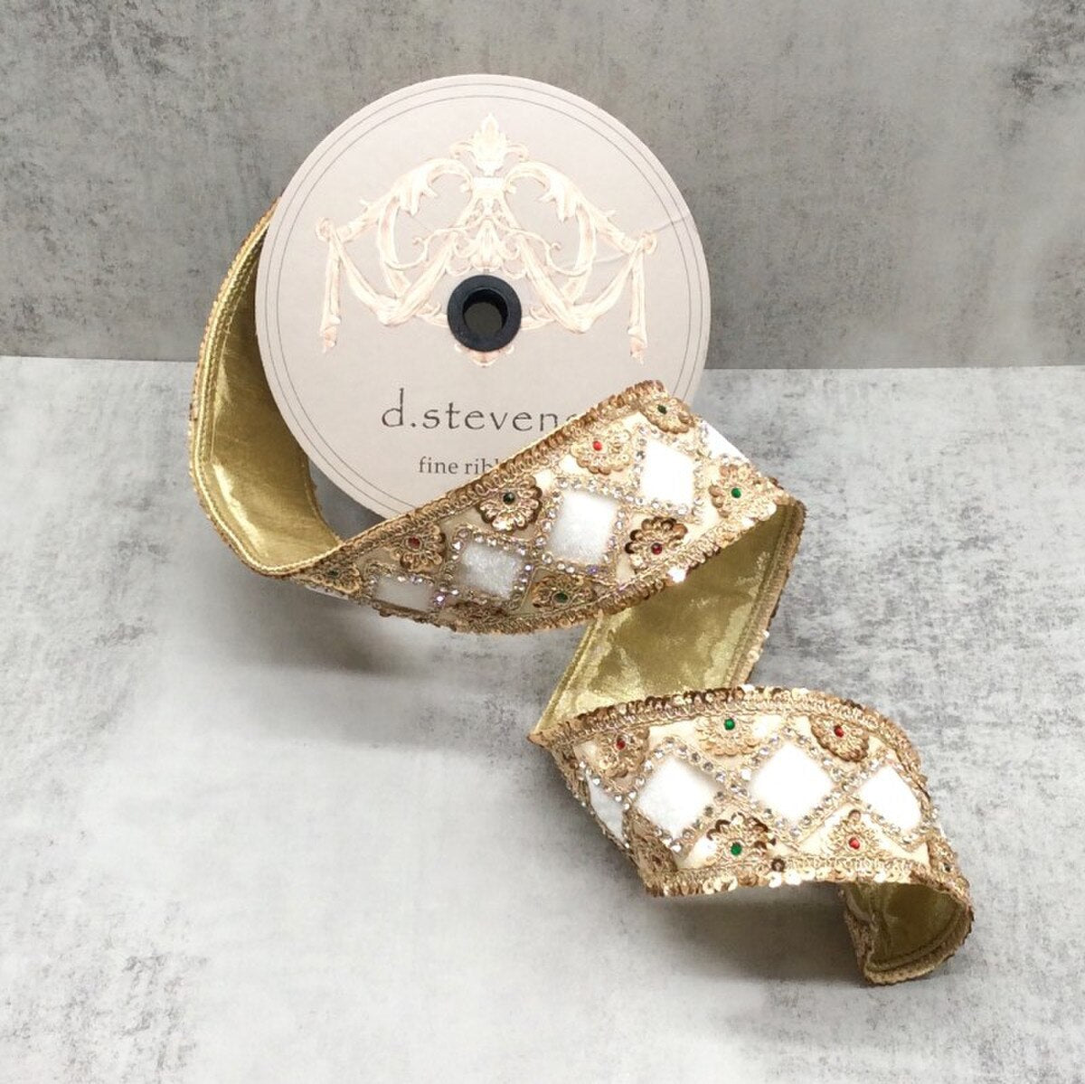 2.5" x 5 Yards Velvet Jewel Sequin Floral Diamond Ribbon – Winter White