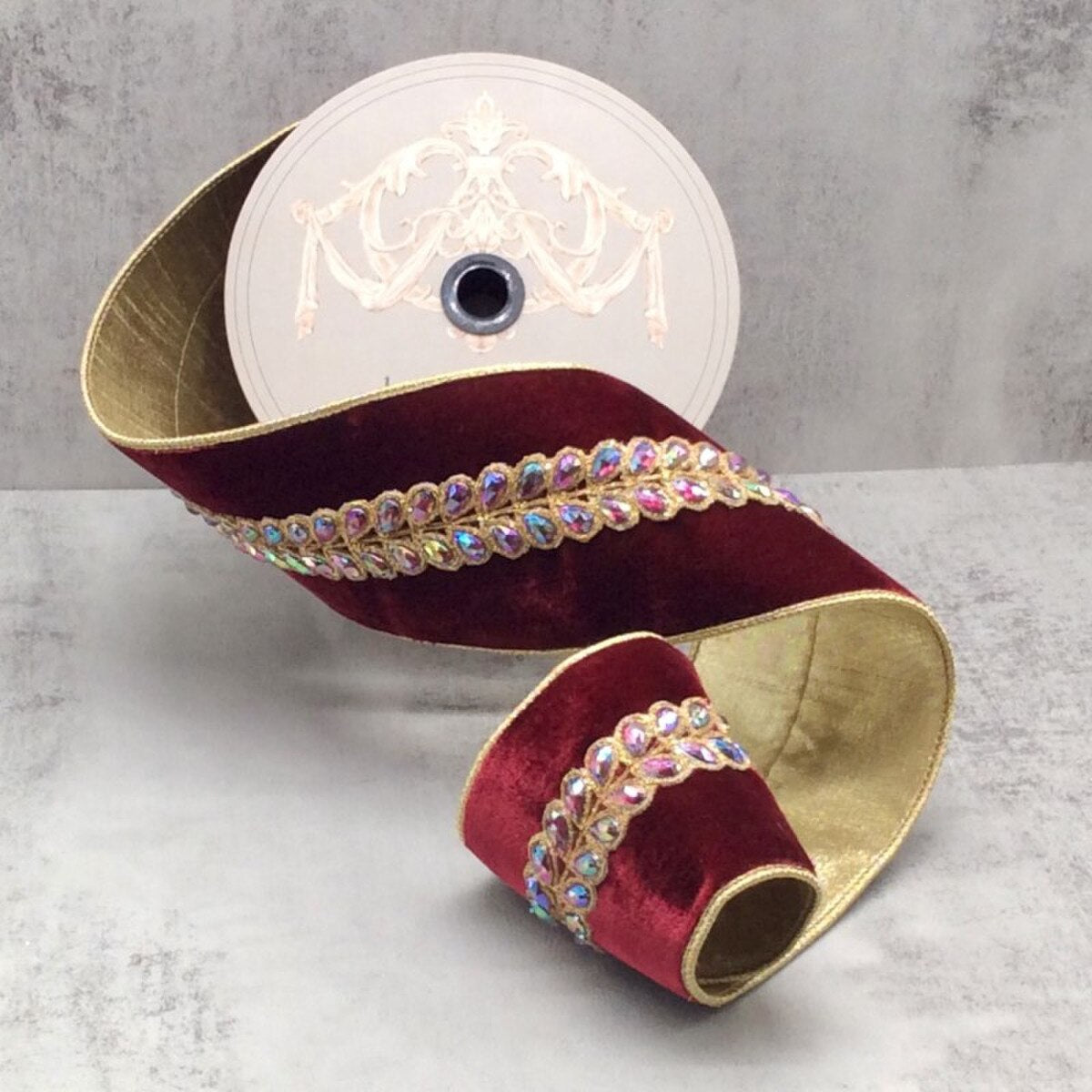 4" x 5 Yards Velvet Jewel Aurora Borealis Honey Locust Leaves Ribbon – Burgundy