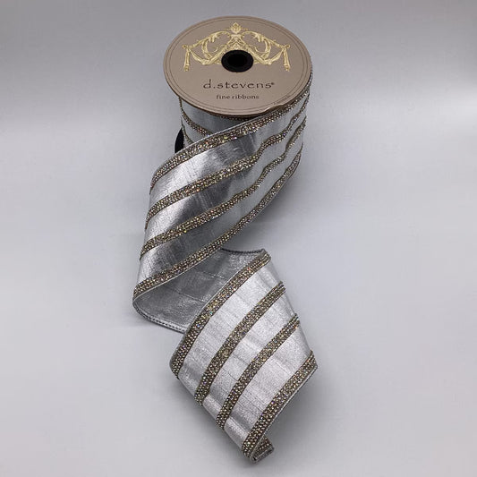 D. Stevens 4" x 5yds Metallic Dupion Clear Crystal Jewel Stripe – Silver