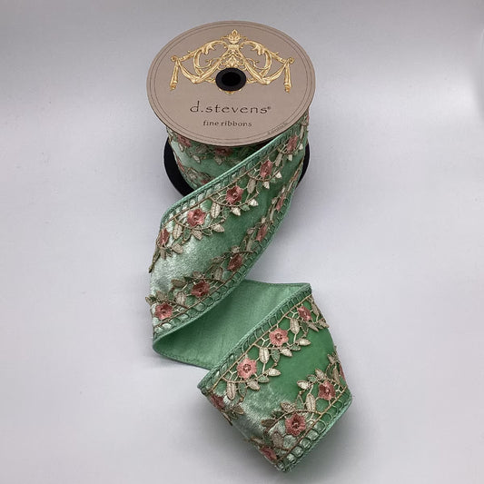 D. Stevens 4" x 5yds Ice Velvet Floral Appliqué Side Trim – Mint Pink