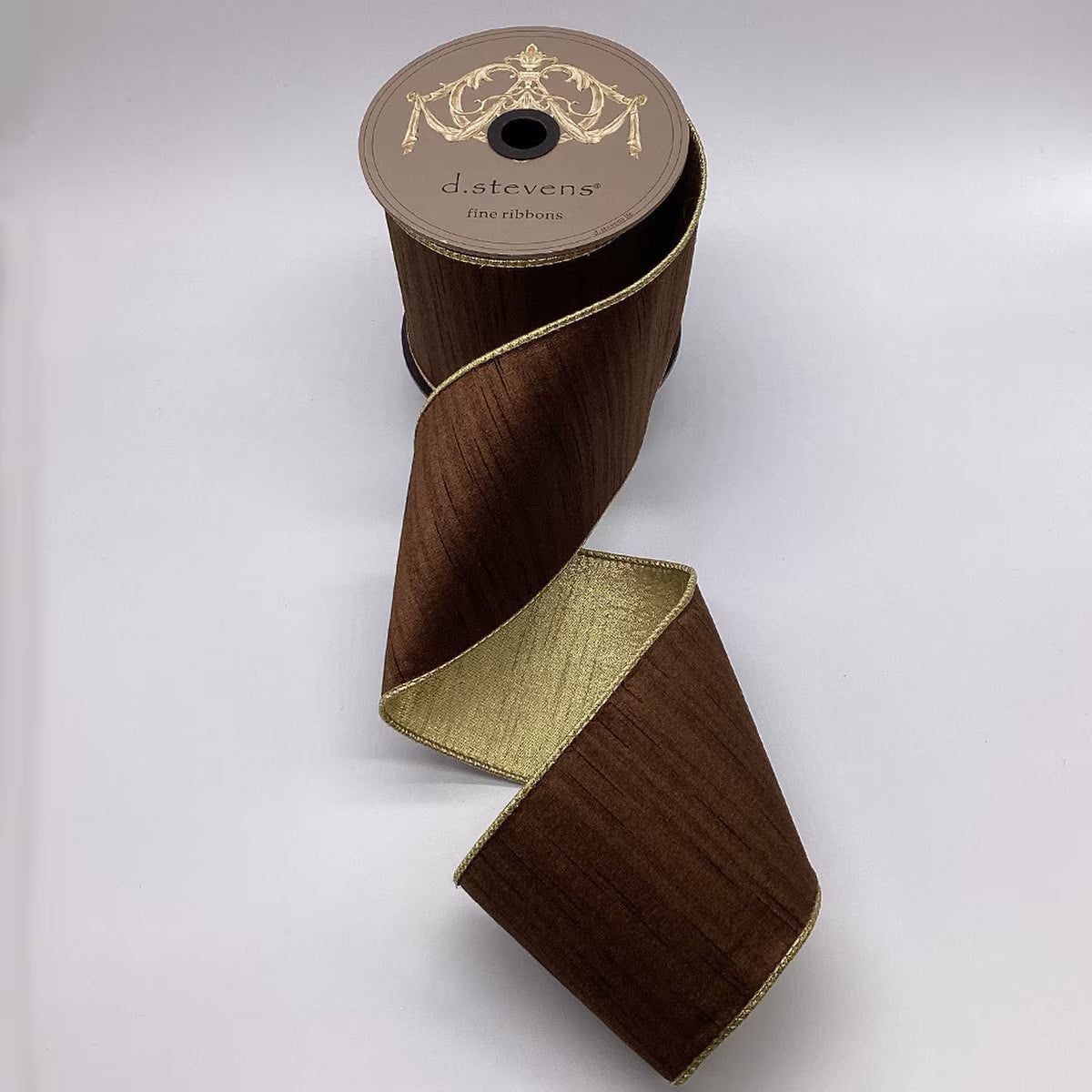 4" x 10 Yards Slub Dupion Ribbon with Metallic Gold Back – Walnut