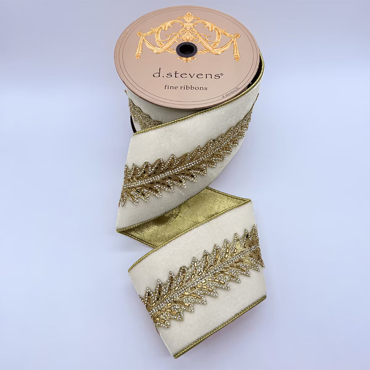 4" x 5 Yards Velvet Jewel Art Deco Gold Center Trim Ribbon – Winter White