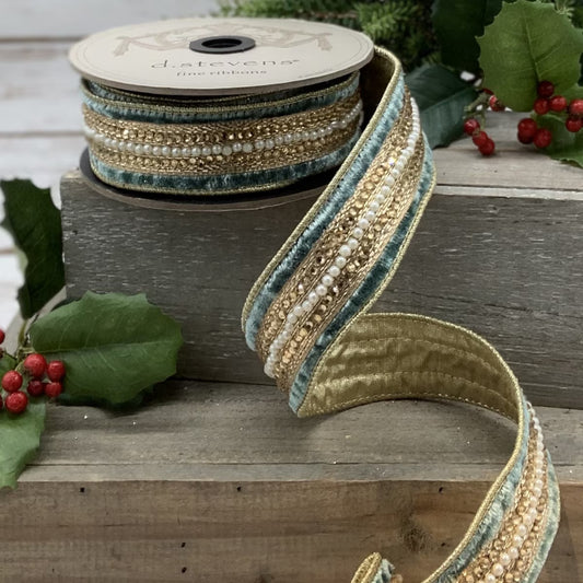Celadon Blue Velvet Ribbon with Pearl & Gem Trim – 1.5” x 5 Yards