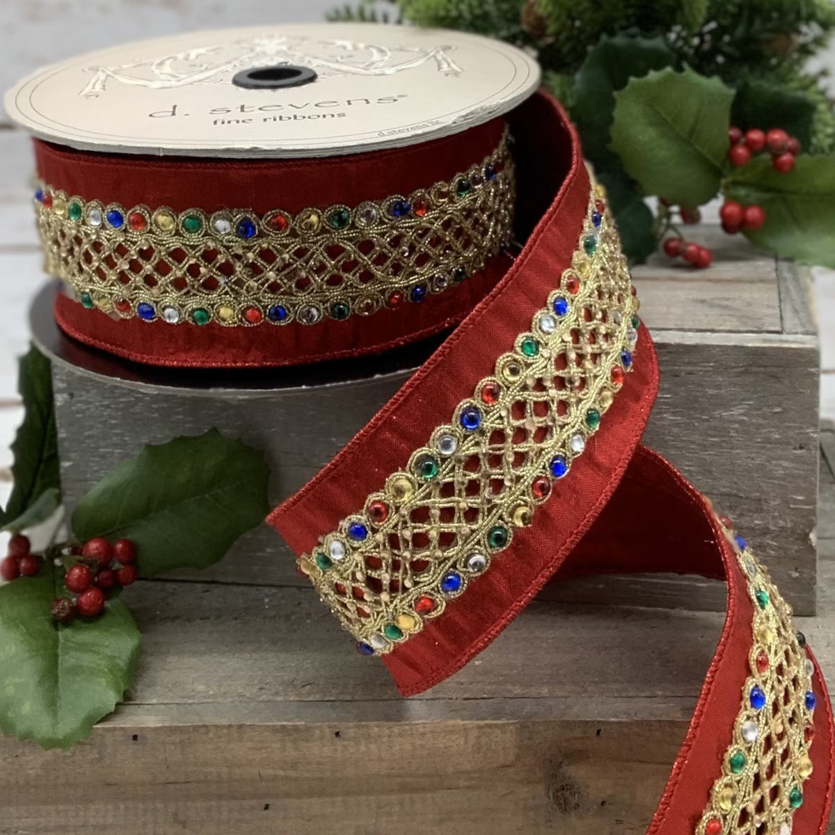 2.5" x 10 Yards Faux Metallic Dupion Ribbon with Multicolor Gold Trim – Red
